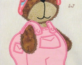 Bear Girl With Dungarees Machine Applique Embroidery Design - Bear Girl Applique Design