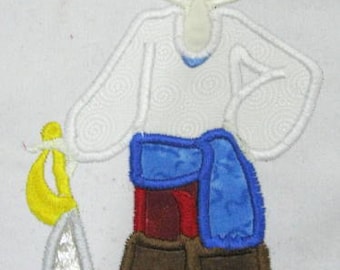 May include: Embroidered applique of a pirate character with a red and white polka dot bandana, white shirt, blue sash, brown pants, and brown boots holding a yellow and silver sword.