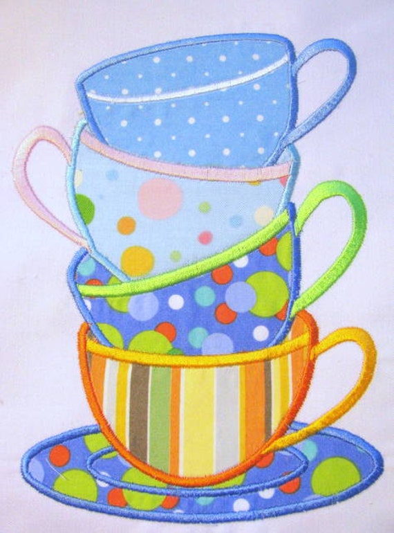 Tea Time 01 Machine Applique Embroidery Designs - Stacked Tea Cups Applique Design - Tea Cups Applique Design - Applique Tea Cups Design