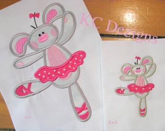 May include: Two embroidered designs of a gray ballerina mouse wearing a pink tutu. The larger design is 6x6 inches and the smaller design is 4x4 inches.