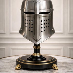Può includere: Elmo da cavaliere medievale color argento con design a croce, esposto su un supporto decorativo nero e oro. L'elmo presenta fori di ventilazione ed è presentato su un tavolo con piano in marmo.