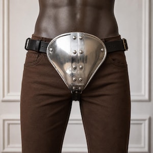 May include: A polished silver-toned metal codpiece featuring a central vertical seam with six visible rivets, attached to a black leather belt worn over brown trousers. The metallic shield has a triangular shape and a smooth, reflective surface.