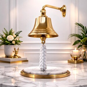 May include: A gleaming brass ship's bell with a white rope pull, mounted on a brass arm. The bell rests on a marble and brass base. A decorative nautical item.