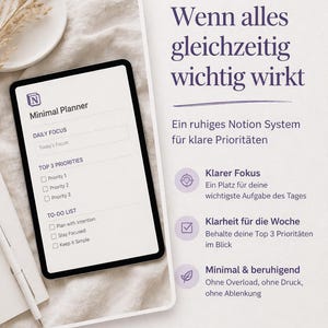 ADHD Notion Planner – Simples Fokussystem für klare Aufgaben & Organisation | Minimal Template