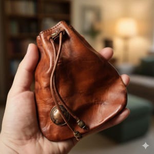 May include: A brown leather pouch with a drawstring closure and a decorative metal emblem. The pouch is held in a hand, showcasing its textured surface and vintage aesthetic. The pouch is designed to hold small items.