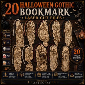 May include: A digital collection of 20 Halloween-Gothic bookmark laser cut files featuring intricate wood-engraved designs of skeletons, wolves, gargoyles, snakes, cats, and skulls. Includes DXF, AI, CDR, PDF, and SVG formats for instant download.