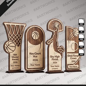 May include: Four wooden basketball trophy designs featuring laser-cut details. Each trophy displays a basketball theme with text including Net Master Award, Key Court Ace, Sky High Finish, and Deep Range Crown, all dated 2026 with a space for a name.