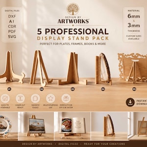 Puede incluir: Un conjunto de archivos digitales para 5 soportes de exhibición profesionales de Design by Artworks. Incluye formatos DXF, AI, CDR, PDF y SVG para grosores de 6mm y 3mm. Los soportes se muestran en varias configuraciones para objetos.