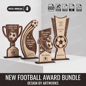 May include: A set of four wooden football trophies featuring laser-cut designs, including a cup shape, a curved award with a soccer ball, a plaque with a cleat, and a tall trophy. Each piece displays text like Club Player of the Year 2024.