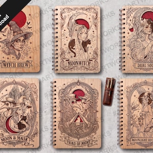 May include: Six spiral-bound wooden notebooks featuring intricate laser-engraved illustrations of witches, masks, and celestial motifs. Each cover displays unique titles including Witch Brew, Moonwitch, Dual Soul, Moon & Mask, Triad of Night, and Moonlight Requiem.