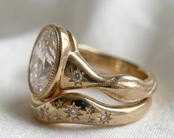 4CT Oval  Moissanite Engagement Ring, Engraved Milgrain Bezel Bridal Ring Set, Solid Gold Wedding Band, Unique Double Band Ring Gift for Her