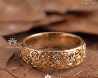 Round Cut Moissanite Engagement Ring, Vintage Inspired Gold Wedding Band, Floral Engraved Antique Bridal Ring, Anniversary Gift for Her