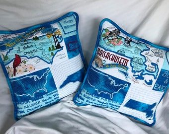 Personalized Embroidered State Pillow Cover, Handmade Cotton Throw Pillow