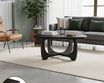 Mid Century Modern Round Coffee Table, Black Wooden Living Room Table, Minimalist Furniture
