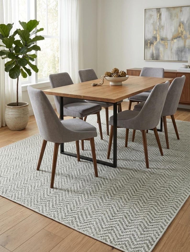 May include: A dining room set featuring a rectangular wooden table with a black metal base, surrounded by six gray upholstered chairs with wooden legs. The table is set on a gray and white patterned rug, with a large potted plant and artwork in the background.