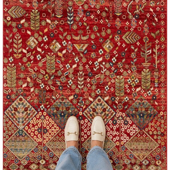 Red Area Rug, Botanical Garden Carpet, Boho Folk Art Rug, Colorful Cottagecore Living Room Bedroom Decor