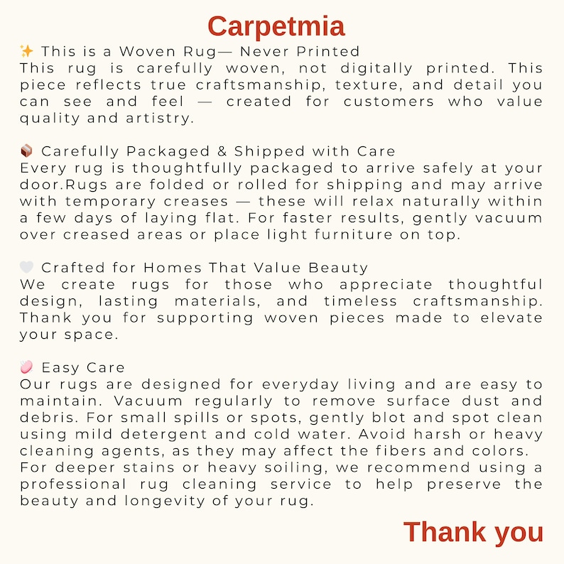 May include: Text on a cream-colored background reads "Carpetmia" at the top, followed by details about woven rugs, including craftsmanship, packaging, and care instructions. The text emphasizes quality and easy maintenance.
