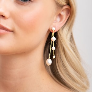 ELA // Bridal pearl drop earrings, gold wedding earrings, long pearl wedding earrings, bridal earrings, wedding earrings for brides