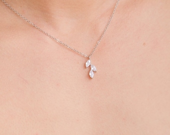 JANEY // Dainty wedding necklace, silver cubic zirconia necklace, bridal necklace, wedding jewellery, jewelry for brides, leaf necklace
