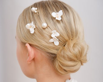 NELL // Ceramic floral and pearl wedding hair pins, gold wedding hair accessories, bridal hair pin, hair accessory, scatter hair pins