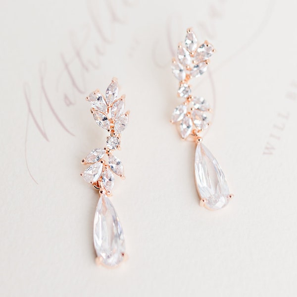 EMILIA // Rose gold wedding earrings, Rose gold wedding earrings, bridal earrings, crystal earrings, wedding earrings for brides