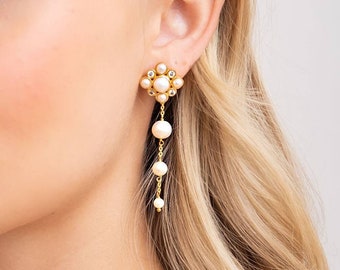 JOSIE // Bridal pearl drop earrings, gold wedding earrings, pearl wedding earrings, bridal earrings, wedding earrings for brides, boho bride