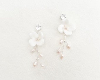 SWEETPEA // Ceramic floral bridal earrings, silver Bridal Earrings drop, pearl wedding earrings,wedding earrings for brides,floral jewellery