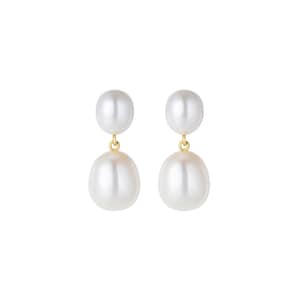 May include: A pair of elegant drop earrings featuring lustrous white pearls. Each earring has a small, round pearl at the top, connected by a gold-colored finding to a larger, teardrop-shaped pearl below. The earrings are set against a plain white background.