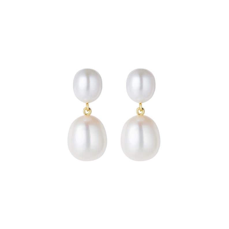 May include: A pair of elegant drop earrings featuring lustrous white pearls. Each earring has a small, round pearl at the top, connected by a gold-colored finding to a larger, teardrop-shaped pearl below. The earrings are set against a plain white background.