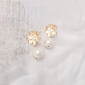 HANA // Bridal drop earrings, gold wedding earrings, pearl wedding earrings, bridal earrings, wedding earrings for brides, flower earrings image 1