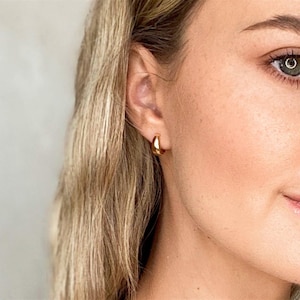 Puede incluir: Primer plano de una oreja con un pequeño aro de oro.