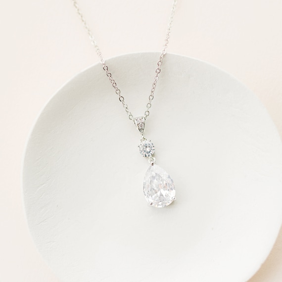 LAUREN // Tear Drop Crystal Wedding Necklace Silver Necklace - Etsy