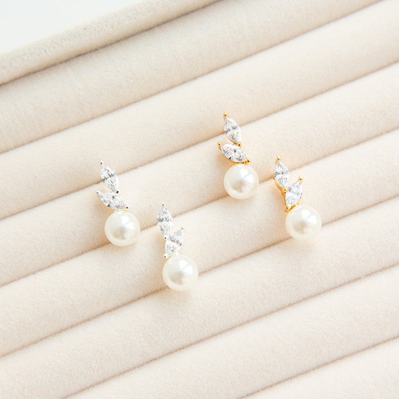 ERYN studs // Gold pearl stud earrings, gold cz wedding earrings, pearl wedding earrings,bridal earrings,wedding earrings for brides image 3