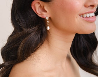 OTTIE // Cubic zirconia bridal drop earrings, elegant bridal earrings, pearl bridal earrings, classic bridal earrings, pearl drop earrings