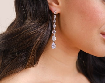 BRYNN // Long drop earrings, silver statement wedding earrings, cubic zirconia bridal earrings, wedding earrings for brides,crystal earrings