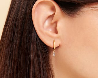 GALENE hoops // Dainty moonstone 14k gold plated huggie hoop earrings, tiny gold hoops, gold hoop earrings, sterling silver, gift for her