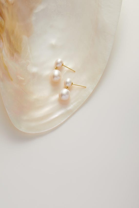 SEVILLA // Double Pearl Drop Earrings 14k Gold Vermeil, bridal earrings, Minimalist Pearl Earrings wedding earrings for brides