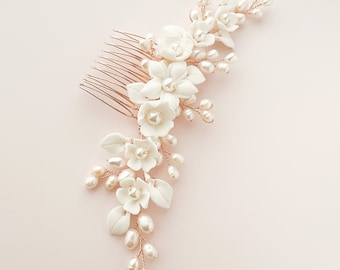 LYDIA // Rose gold pearl hair comb, wedding hair comb, bridal hair comb, rose gold hair accessory, ceramic flowers, pearl hair comb