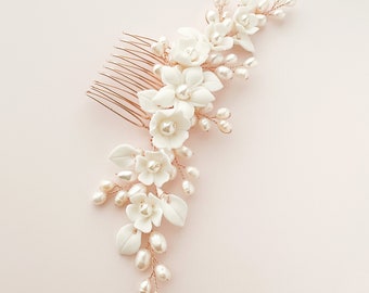 LYDIA // Rose gold pearl hair comb, wedding hair comb, bridal hair comb, rose gold hair accessory, ceramic flowers, pearl hair comb