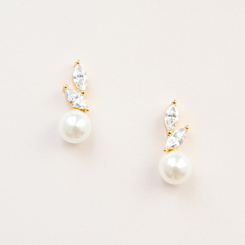 ERYN studs // Gold pearl stud earrings, gold cz wedding earrings, pearl wedding earrings,bridal earrings,wedding earrings for brides image 1