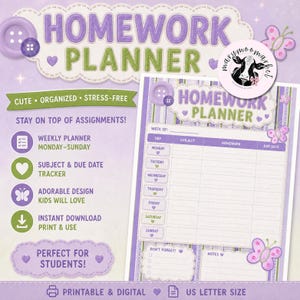 May include: A printable homework planner featuring a purple and green color scheme with butterfly and button graphics. The document includes a weekly schedule with columns for day, subject, homework, and due date, plus sections for notes and reminders.