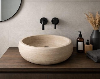 16 Inch Round Travertine Stone Sink, Natural Stone Vessel Basin, Handmade Luxury Bathroom Sink, Modern Marble Bowl Vanity Sink