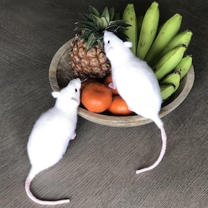 Puede incluir: Dos ratones blancos de ganchillo con colas rosas están colocados cerca de un cuenco de madera lleno de fruta. El cuenco contiene una piña, naranjas y plátanos verdes. La escena está ambientada sobre una superficie de madera.