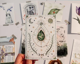 Handmade Watercolour Peridot Card | August Birthstone | Witchcore Celestial Detail | Gold & Green | Blank Inside | Birthday Gift