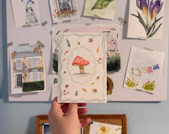Handmade Watercolour Toadstool Card | Hand-Painted Autumn Card | Cottagecore Detail | Blank Inside