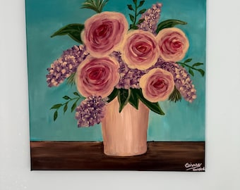 Original Acrylic Painting | Rose Floral Art | Teal & Dusky Pink | 40x40cm Board | Signed | Home Decor Wall Art