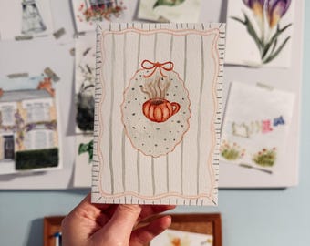 Handmade Watercolour Pumpkin Coffee Card | Hand-Painted Halloween Card | Cottagecore Detail | Blank Inside