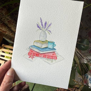 Hand-Painted Watercolour Card | Stack of Books, Coffee, Flowers | Cosy Reading Gift