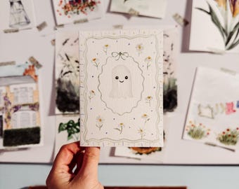 Handmade Watercolour Ghost Card | Cute Halloween Card | Cottagecore Detail | Blank Inside | Halloween, Autumn