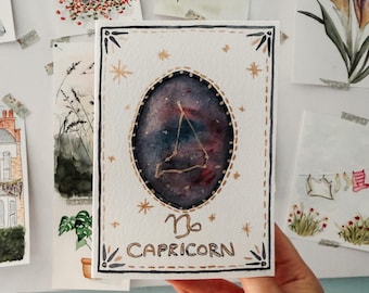 Handmade Watercolour Capricorn Card | Hand-Painted Star Sign | Capricorn Constellation | Gold Galaxy | Blank Inside | Birthday Gift